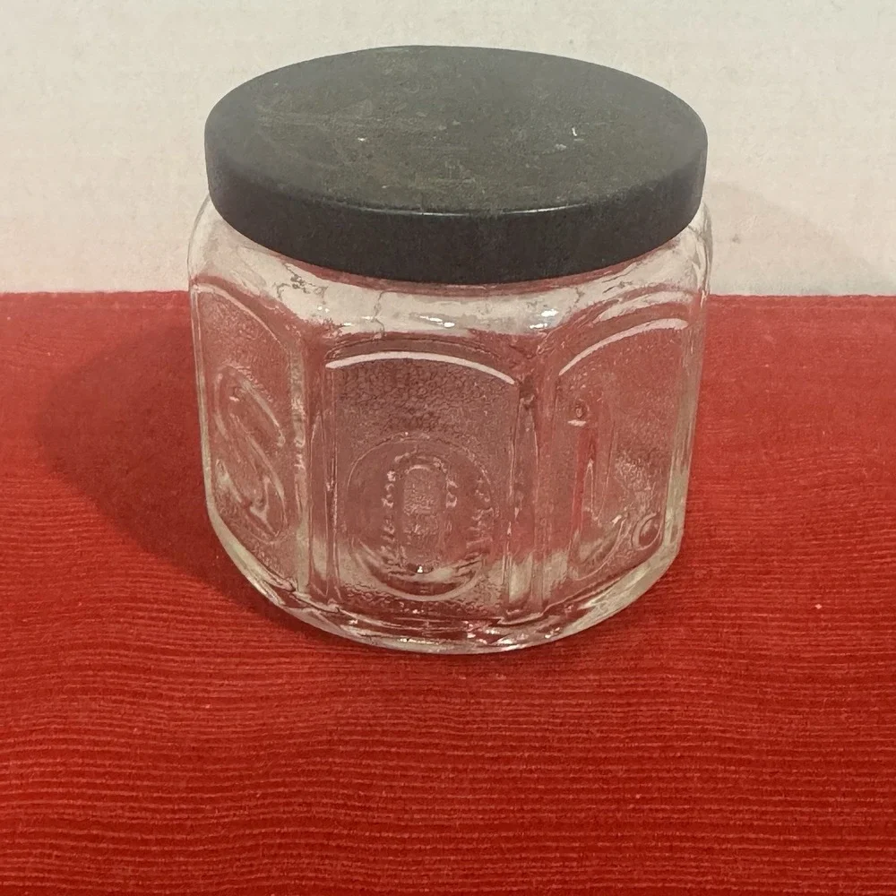 Barbasol Shaving Jar Clear Glass Black‎ Metal Lid Raised Letters Vanity Vintage